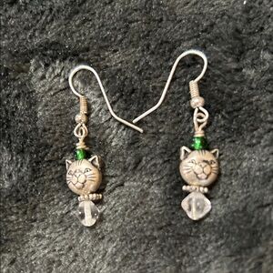 Cat Face Dangle Earrings with Green Accent